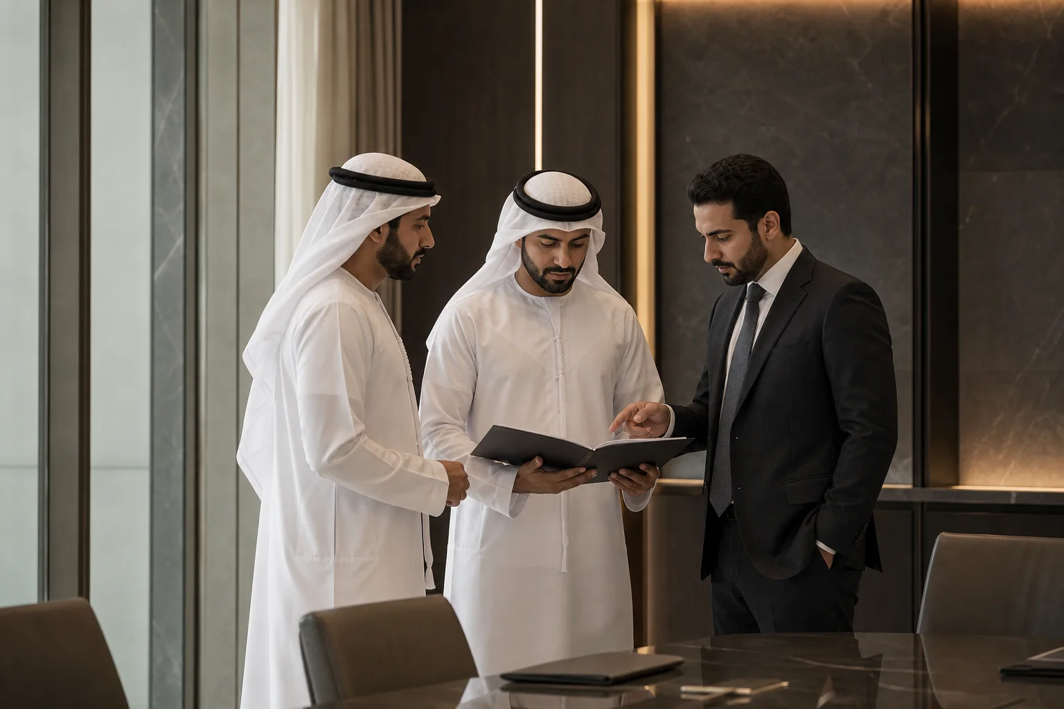 Three Emirati business leaders reviewing a transaction folio in a private Abu Dhabi boardroom.